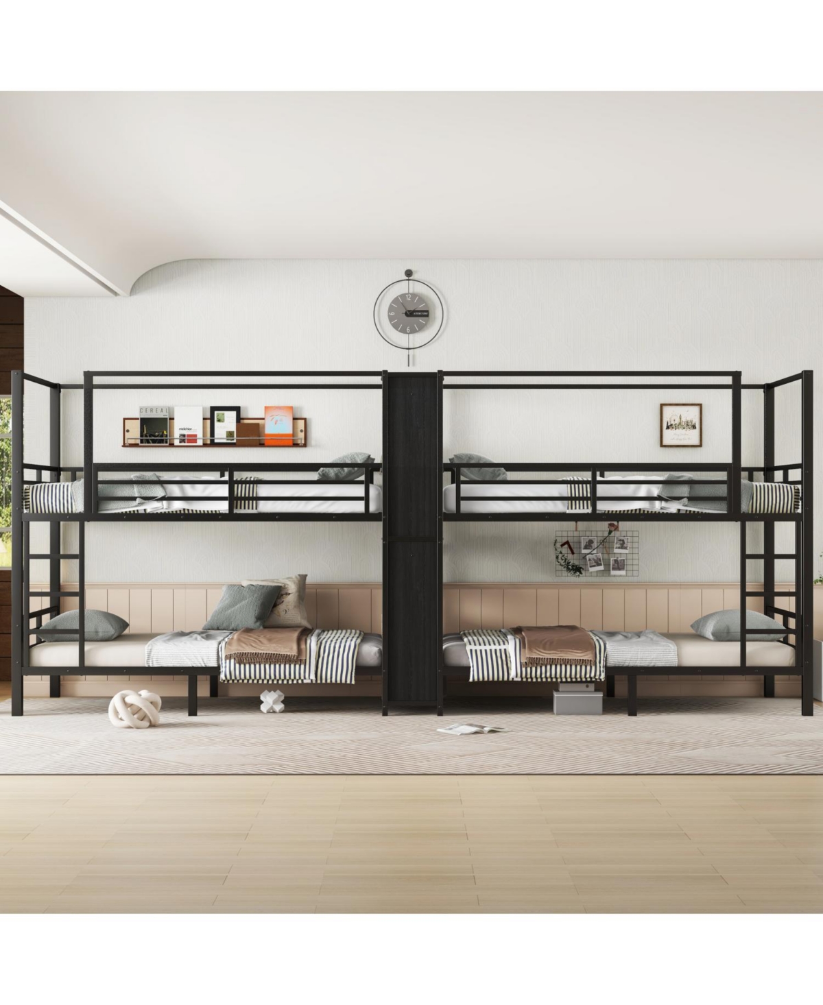 Streamdale Furniture Twin Quad Metal Bunk Bed w/ Storage & Wardrobe - Black