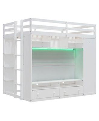 Full size Loft Bed with Drawers, Shelves and Light - White