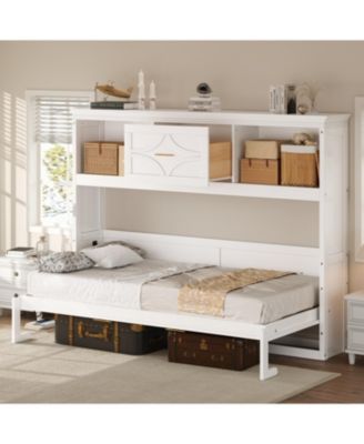 Twin Size Murphy Bed with Charging Station and a Drawer, White
