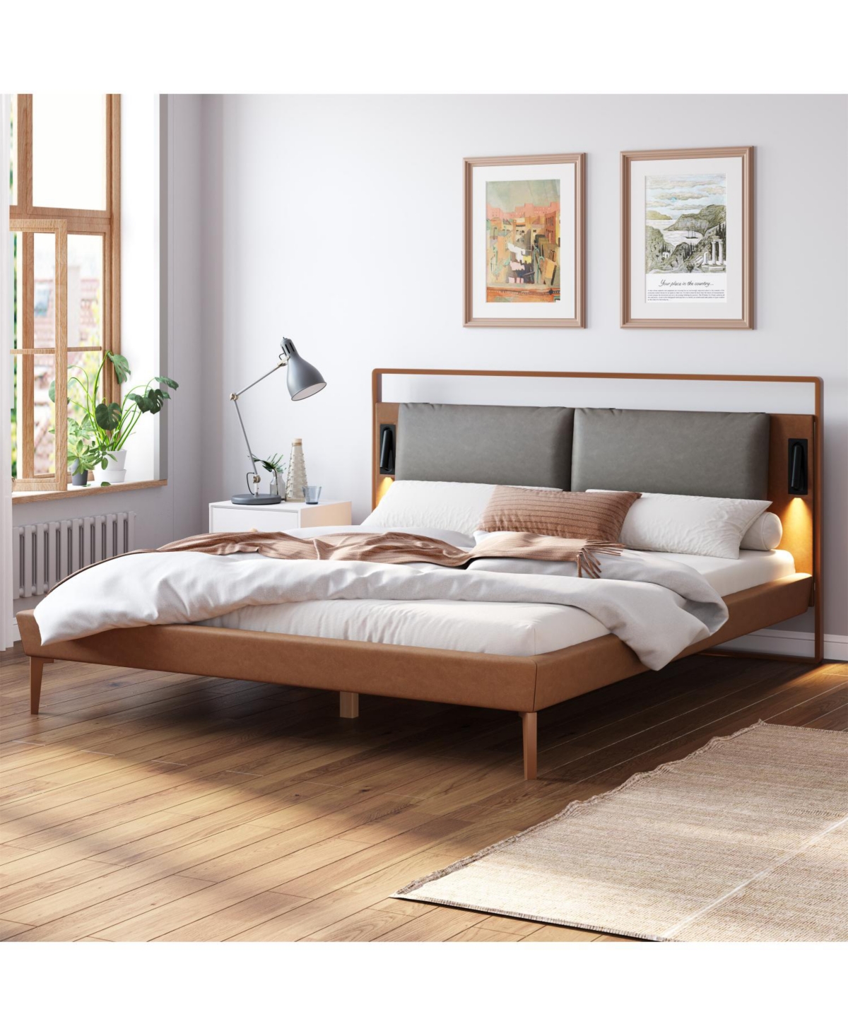 Streamdale Furniture Leather Bed with 2 Night Lights