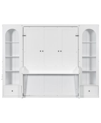 Queen Size Murphy Platform Bed with Shelf, Side Cabinets, Drawers and LED, White