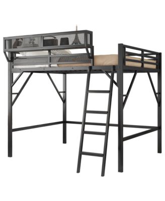 Queen Loft Bed with Shelves, Metal Frame