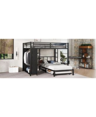 Queen/Twin Bunk Bed with Wardrobe, Trundle, Desk, Ladders