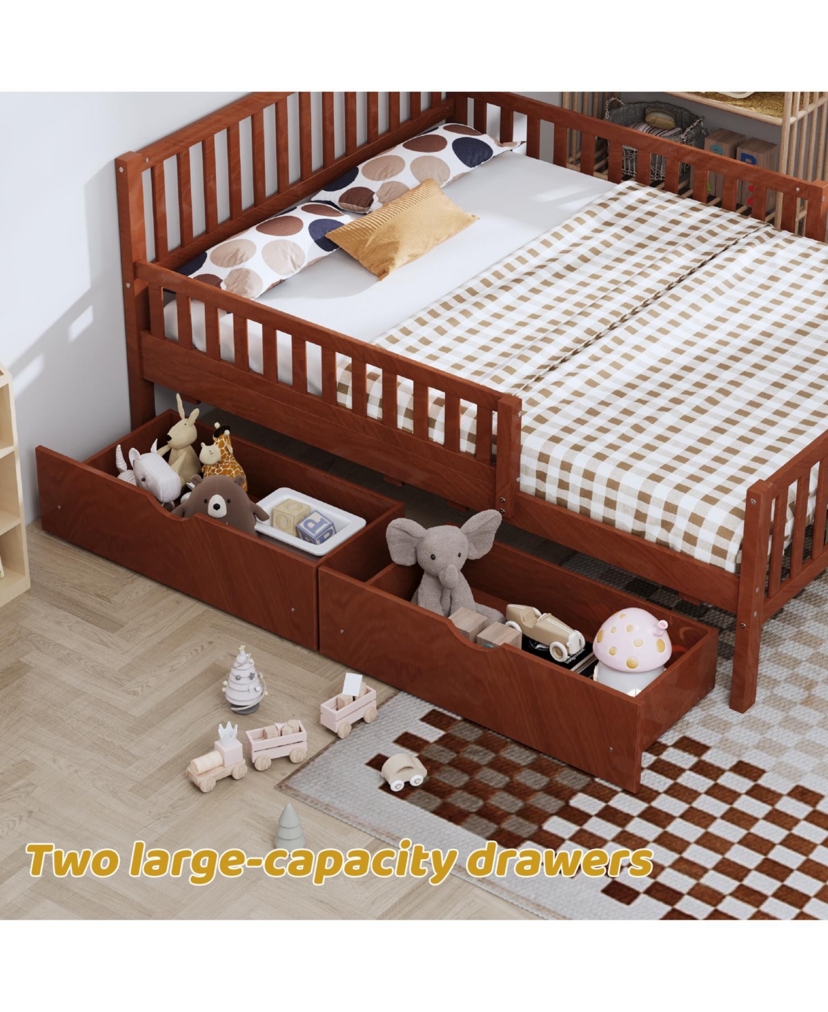 Streamdale Furniture Twin Wood Platform Bed with Guardrails & Storage - Walnut