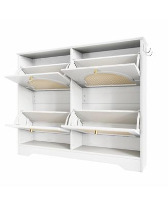 Streamdale Mid-Century Narrow Shoe Cabinet - 4 Flip Drawers, Rattan Doors, Hooks