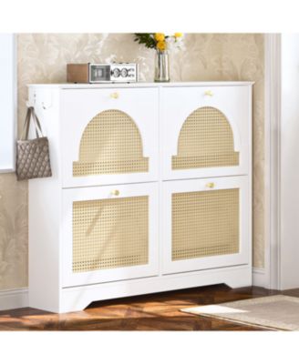 Streamdale Mid-Century Narrow Shoe Cabinet - 4 Flip Drawers, Rattan Doors, Hooks