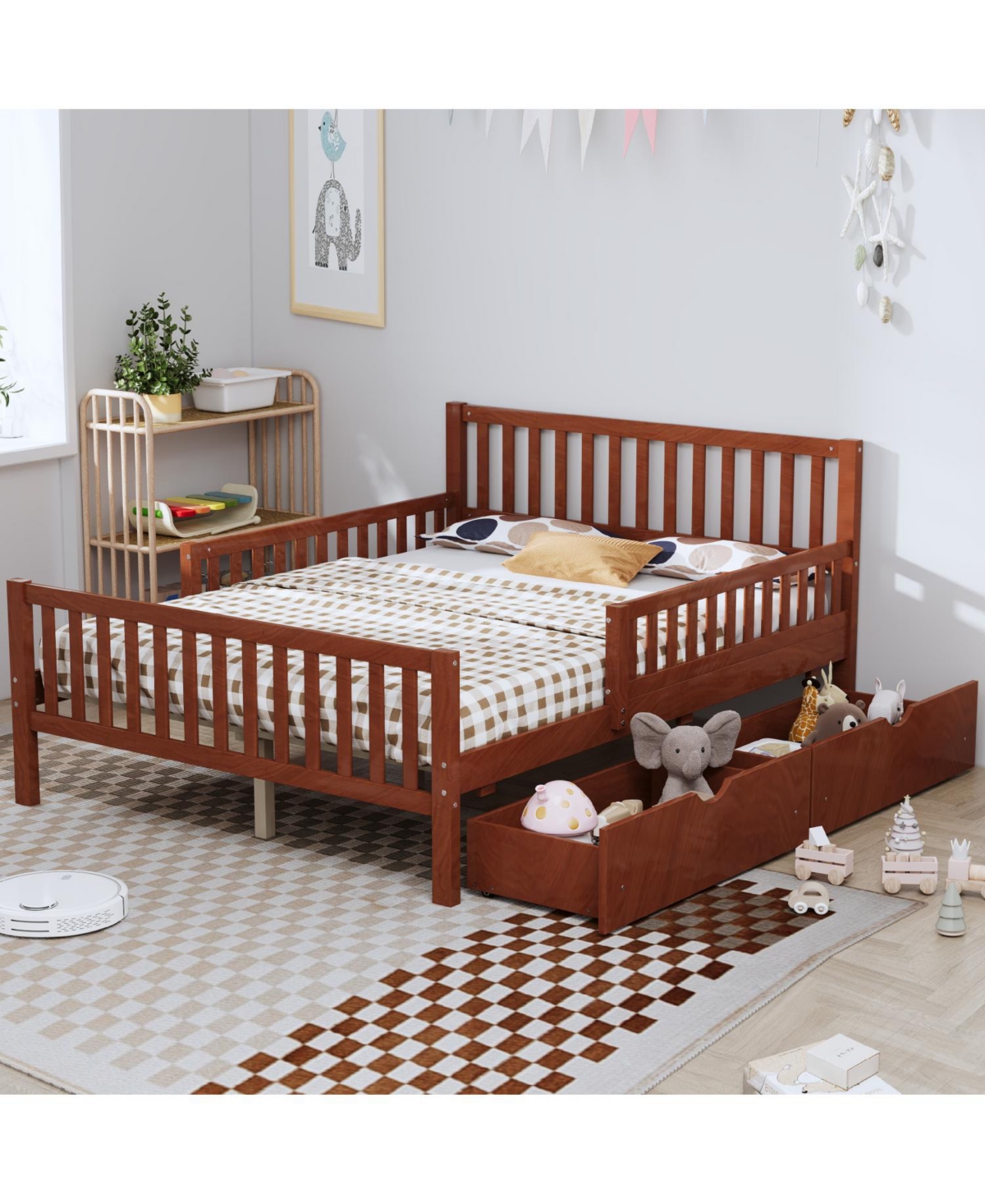 Streamdale Furniture Walnut Wood Platform Bed with Guardrails & Storage