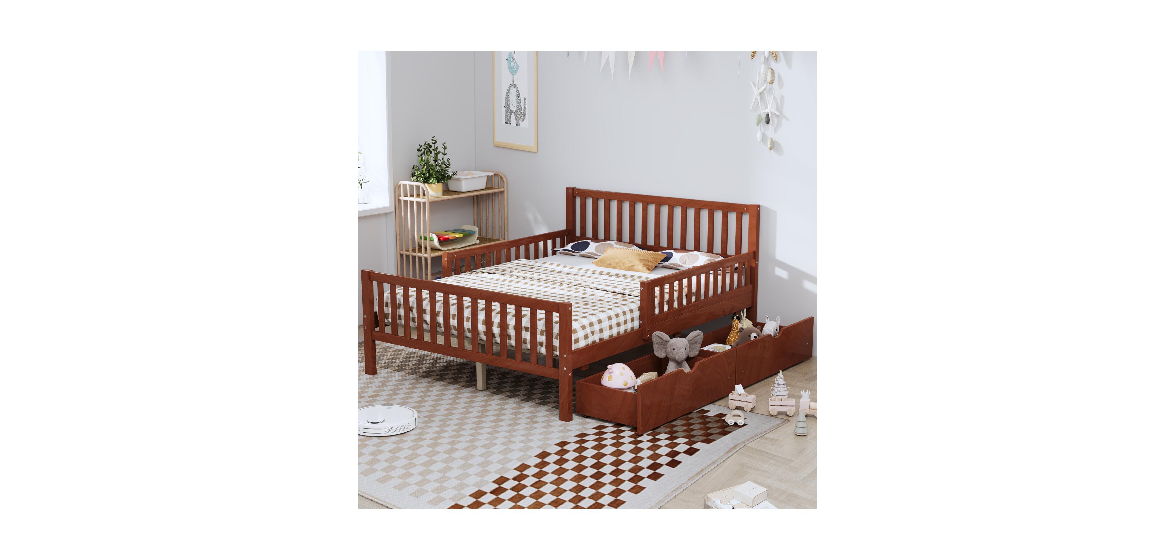 Streamdale Furniture Walnut Wood Platform Bed with Guardrails & Storage