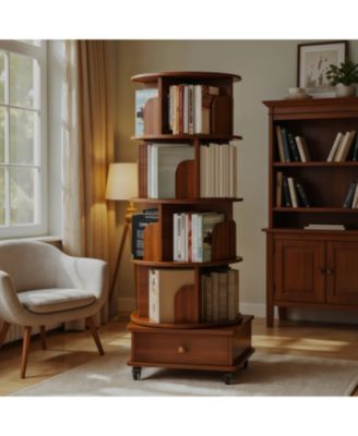 Rotating 5-Tier Corner Bookshelf with Drawer (Walnut)