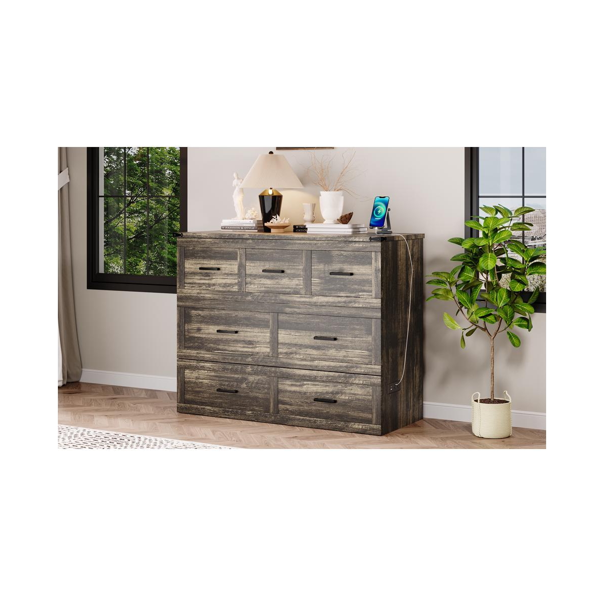 Streamdale Furniture Murphy Bed Cabinet Full Size with Charging Station