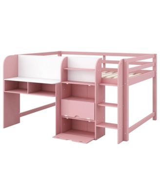 Pink Low Loft Bed with Desk, Storage & Whiteboard