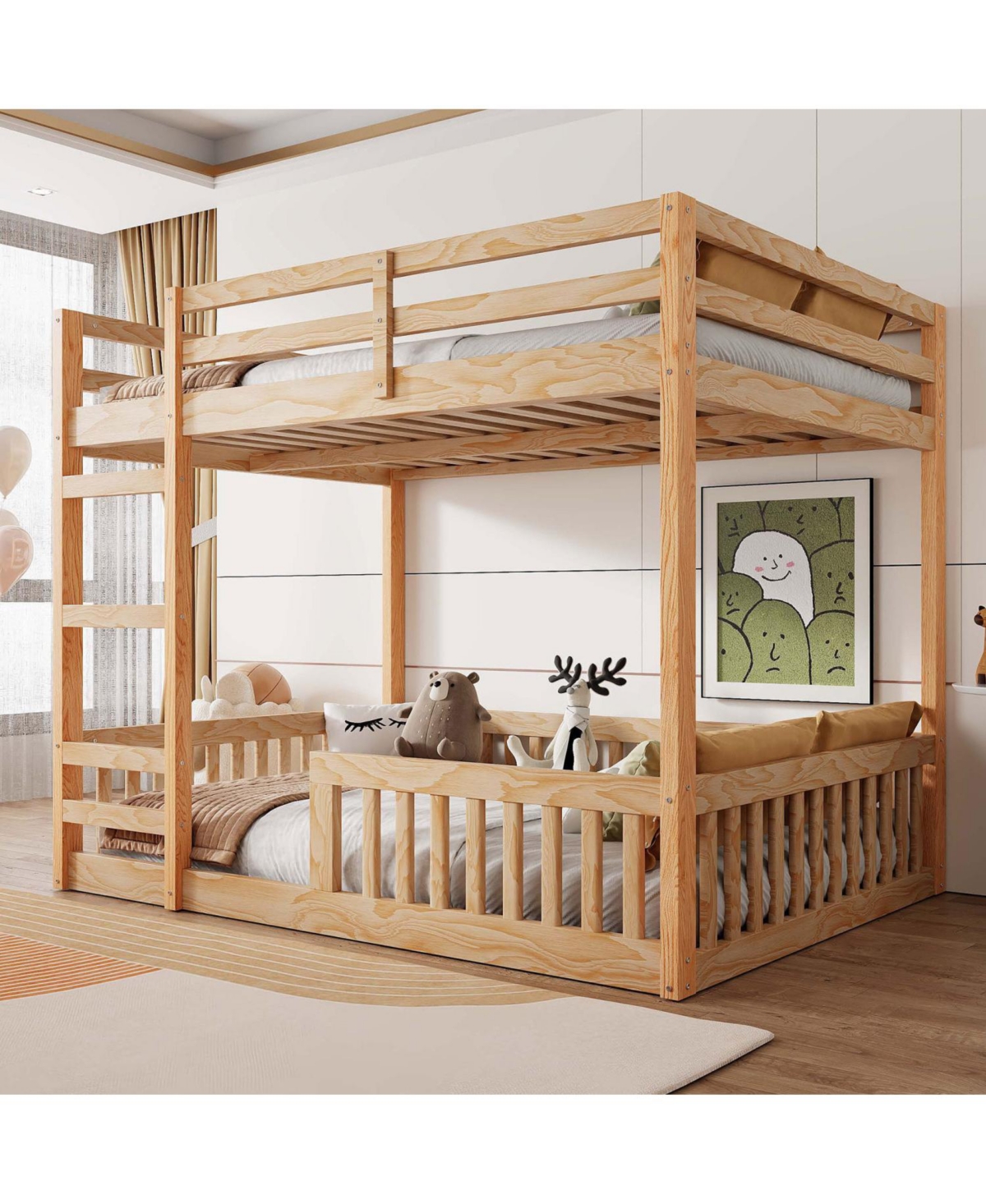 Streamdale Furniture Full over Full Wood Bunk Bed with Ladder and Guardrails, Natural