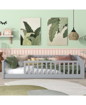 Twin Floor Bed with Fence, Rubber Wood, Grey