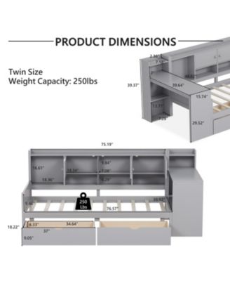 Twin Daybed with Storage, Desk & Bookshelf - Gray