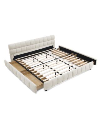 King Beige Chenille Upholstered Bed Frame with Storage Drawer (88.5")