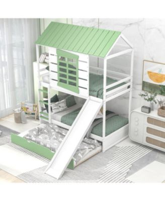 Twin House Bunk Bed w/ Slide & Trundle