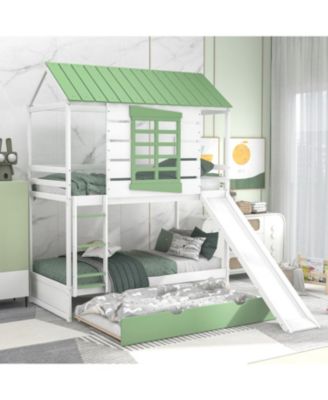 Twin House Bunk Bed w/ Slide & Trundle