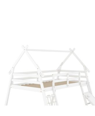 Twin over Queen House Bunk Bed with Climbing Nets and Climbing Ramp, White