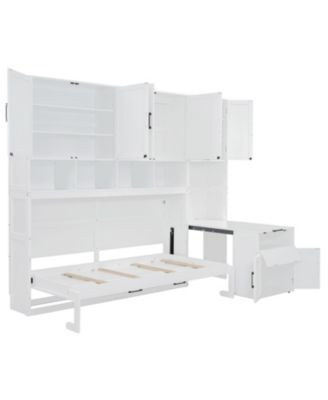 Twin Size Murphy Bed Wall Bed with Closet , Drawers & Desk-White