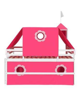  Full Size Loft Bed with Slide Pink Tent and Tower - Pink