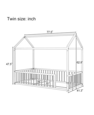 Twin Montessori Metal Floor Bed Frame, House Bed with Fence, Easy Assemble, Black