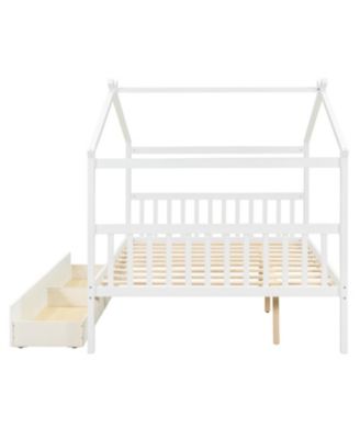 Full Size Wooden House Bed with Drawers, White