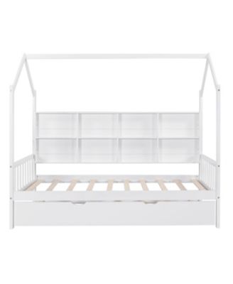 Wooden Twin House Bed with Trundle & Shelf