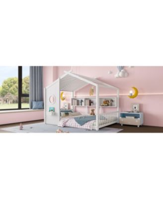 Floor House Bed Toddler Kids Montessori Bed w/ Shelf & Roof.