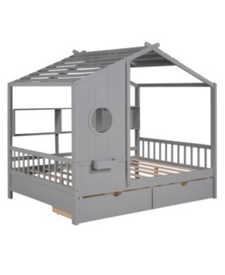 Wooden Full Size House Bed with Drawers & Shelf