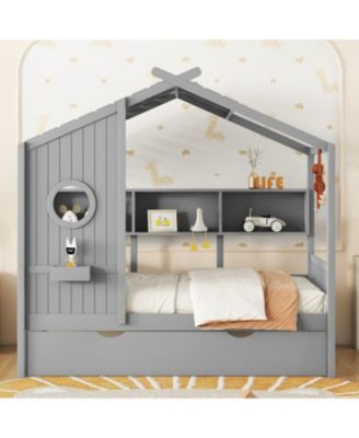 Wooden Twin House Bed with Trundle & Shelf - Gray