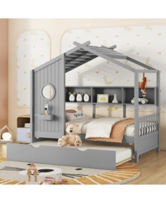 Wooden Twin House Bed with Trundle & Shelf - Gray