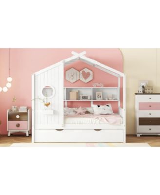 Wooden Twin House Bed with Trundle & Shelf - Gray