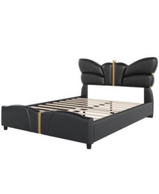 Streamdale Queen Upholstered Bed Frame, Butterfly Headboard, Gold Accents