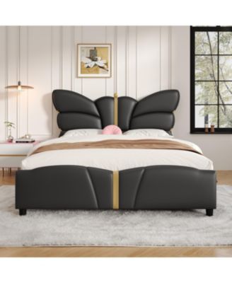 Streamdale Queen Upholstered Bed Frame, Butterfly Headboard, Gold Accents