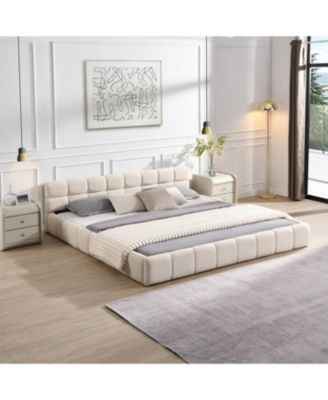 Elegant Beige Chenille Upholstered Bed with Checkerboard Design, King, Beige