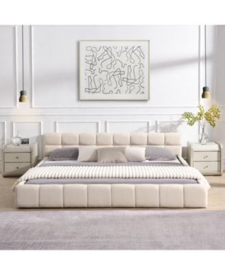 Elegant Beige Chenille Upholstered Bed with Checkerboard Design, King, Beige