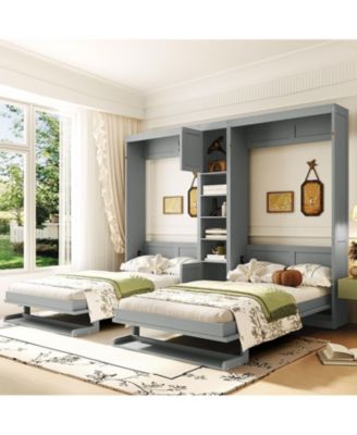 Dual Twin size Wall Murphy Beds with Cabinets and Shelves