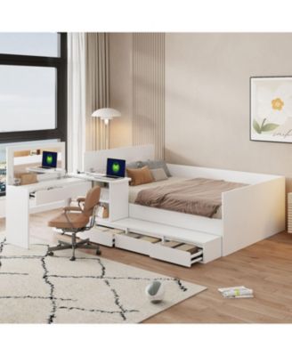 Full Size Wooden Platform Bed with 6 Drawers, Shelves and Dressing Table