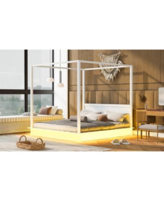  King Size White Wood LED Canopy Platform Bed