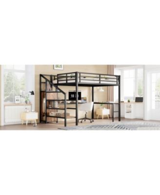 Queen Loft Bed with Desk, Wardrobe, Shelf & LED - Wood-grain