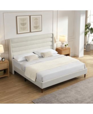 King Upholstered Platform Bed with Wave Headboard, Chenille Fabric