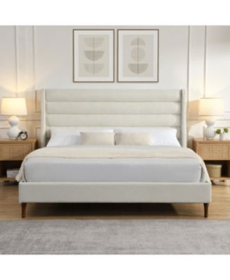 King Upholstered Platform Bed with Wave Headboard, Chenille Fabric