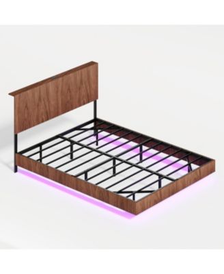 Streamdale Walnut Queen Bed with Charging, LED, Wavy Headboard - No Box Spring