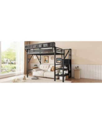 Streamdale Twin/Full Metal Loft Bed with Stairs, Shelves & Wardrobe - Black