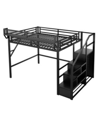 Streamdale Queen Loft Bed with Stairs, Metal Frame, Storage Shelves & Wardrobe