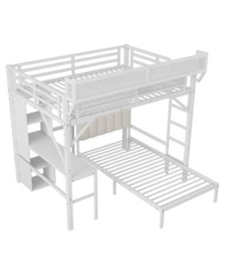  Full/Twin Metal Bunk Bed w/ Desk, Bookshelves, LED, Charge - White