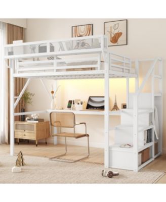  Full Loft Bed with Desk, Stairs, Light & Charging - White