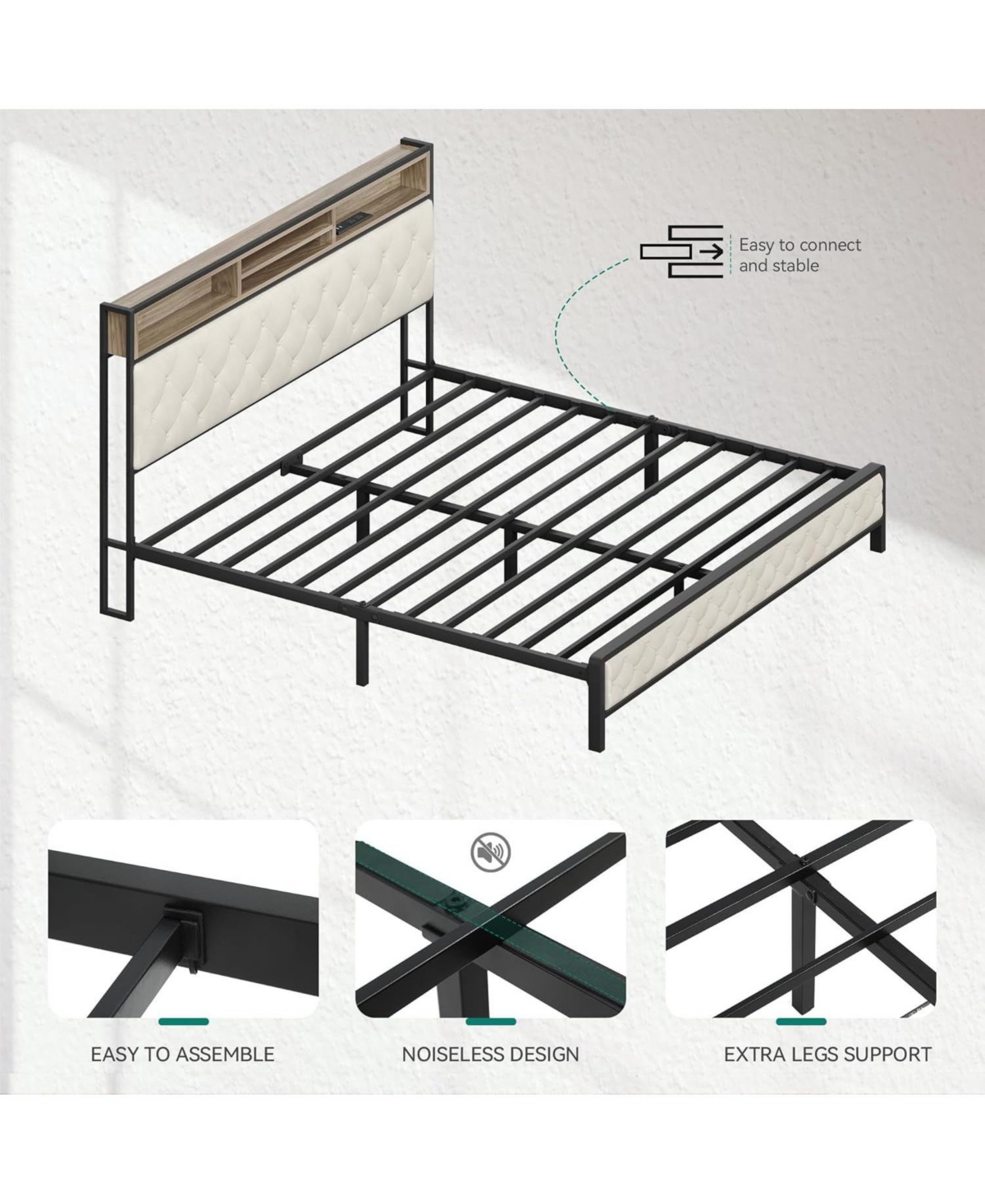 Streamdale Furniture King Upholstered Platform Bed Frame with Charging Station