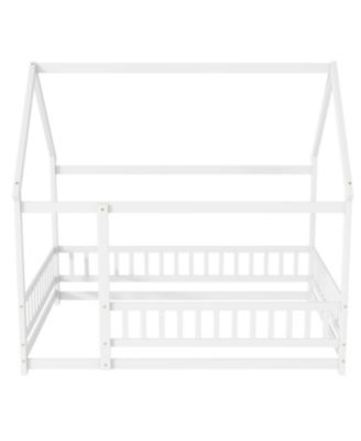 Full Size House Floor Wooden Bed with Roof Frame, Safety Guardrails