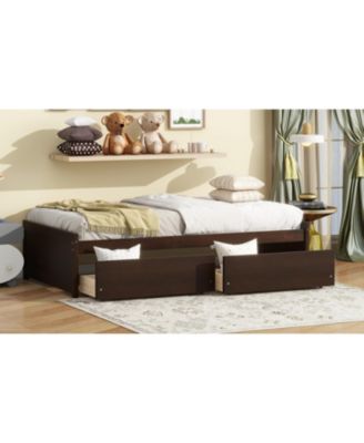Twin Size Bed with 2 Drawers, Solid Rubber Wood Bed